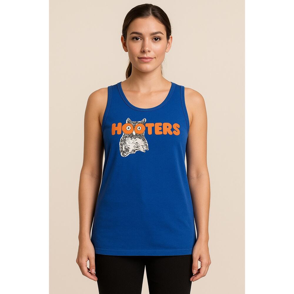 Hooters Blue Tank Top Womens Medium Owl Logo Graphic Sleeveless Restaurant Shirt - Picture 2 of 4